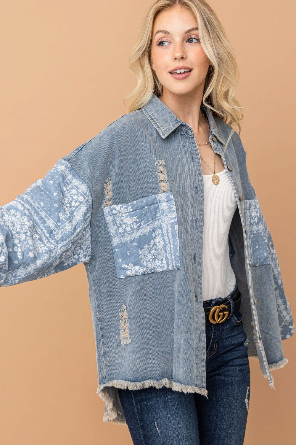 And The Why Full Size Paisley Print Quilted Sleeves Denim Jacket - Jacket - Lt.Denim - Bella Bourget