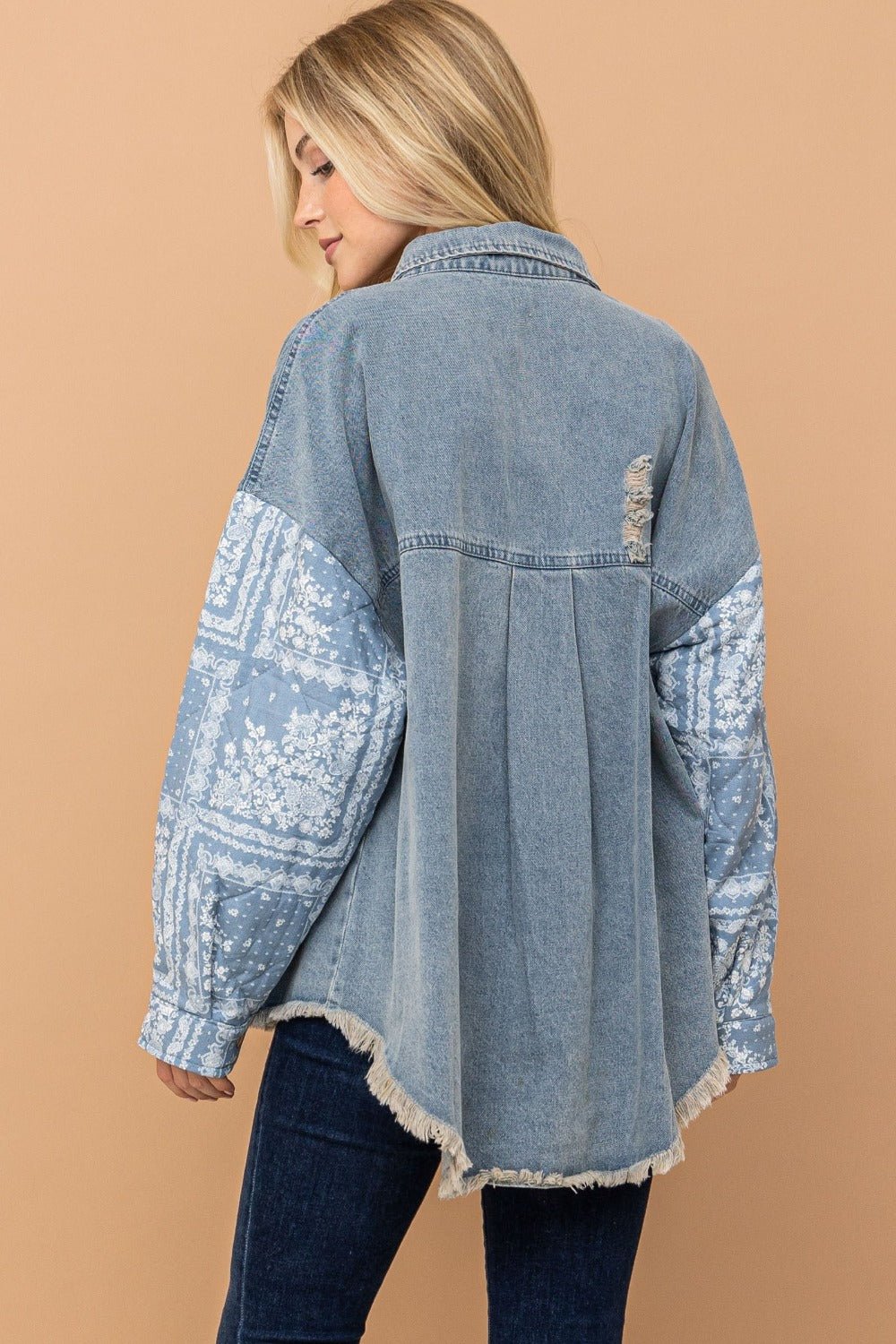 And The Why Full Size Paisley Print Quilted Sleeves Denim Jacket - Jacket - Lt.Denim - Bella Bourget