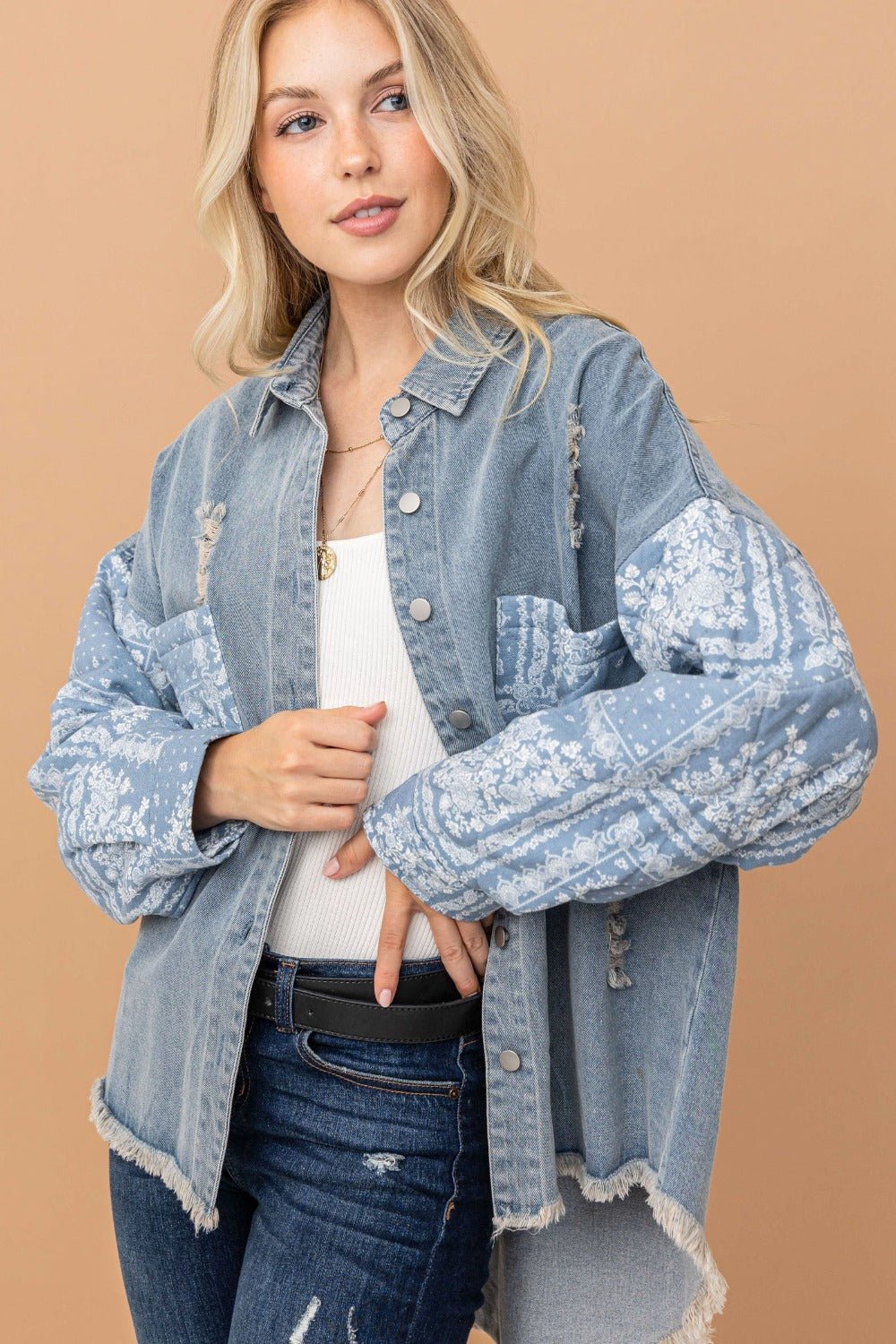 And The Why Full Size Paisley Print Quilted Sleeves Denim Jacket - Jacket - Lt.Denim - Bella Bourget