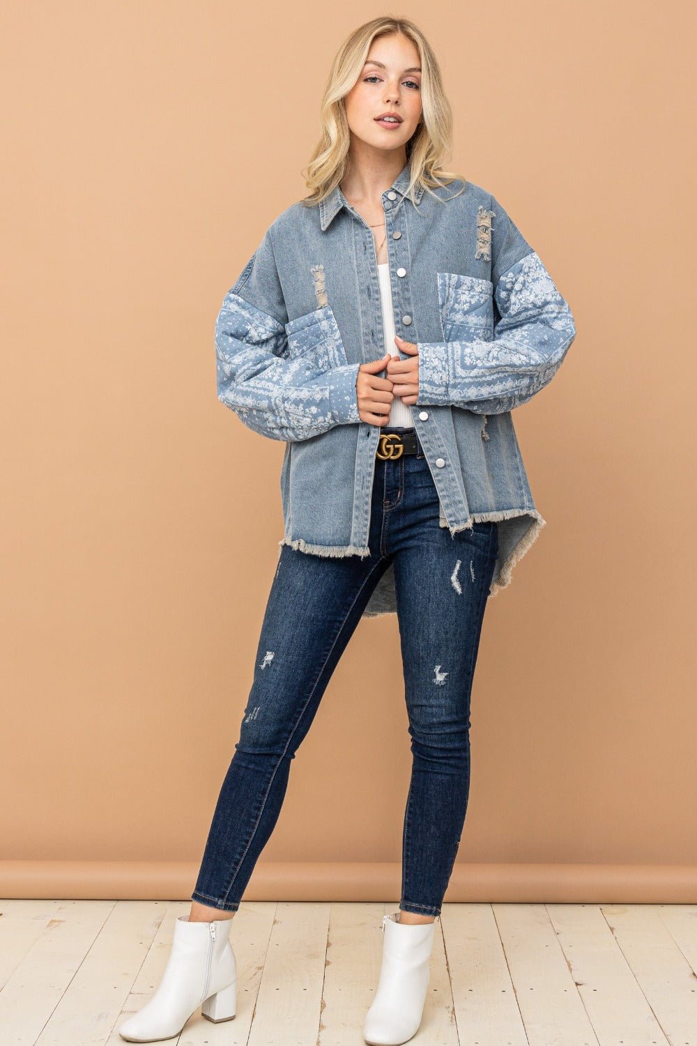 And The Why Full Size Paisley Print Quilted Sleeves Denim Jacket - Jacket - Lt.Denim - Bella Bourget