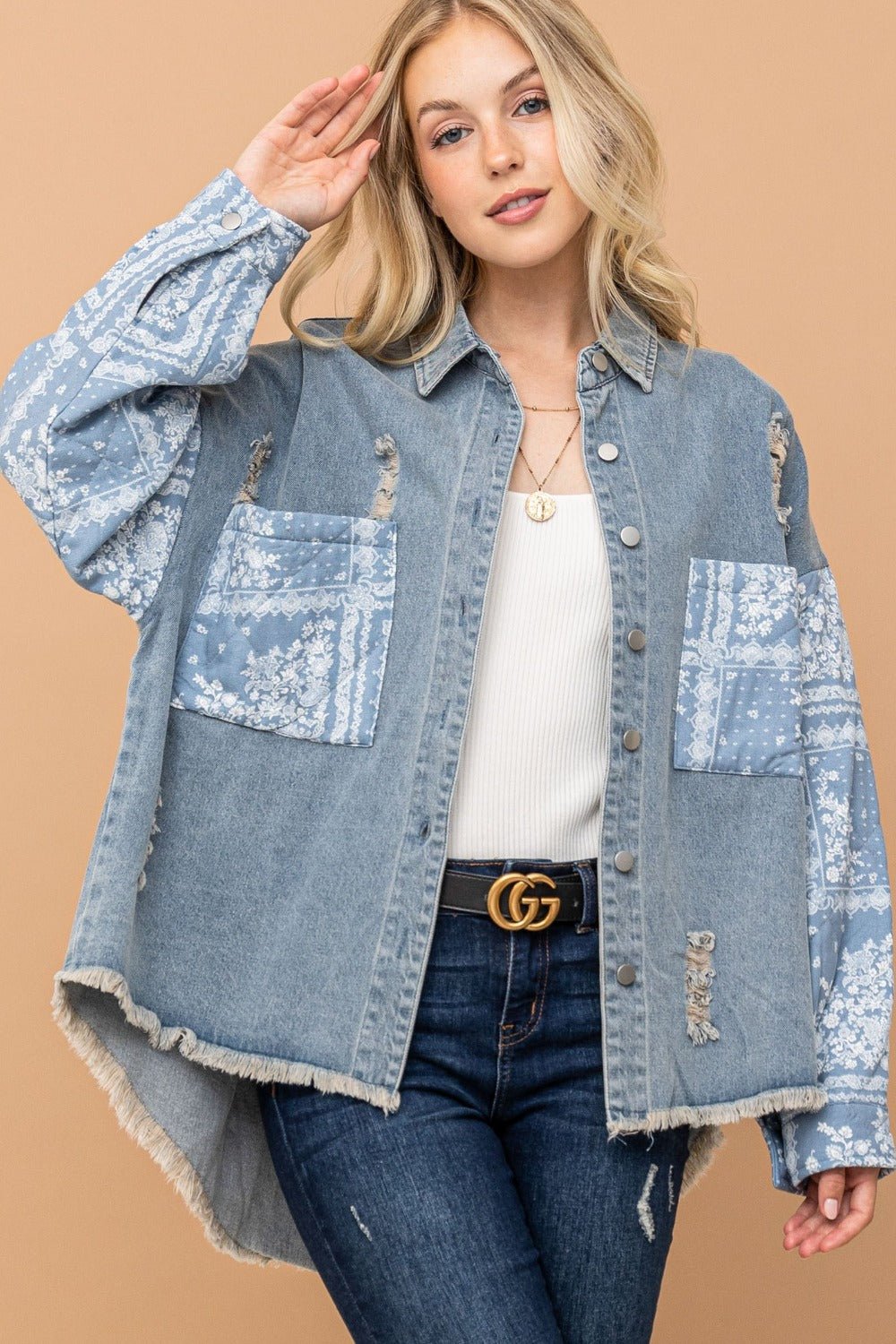 And The Why Full Size Paisley Print Quilted Sleeves Denim Jacket - Jacket - Lt.Denim - Bella Bourget