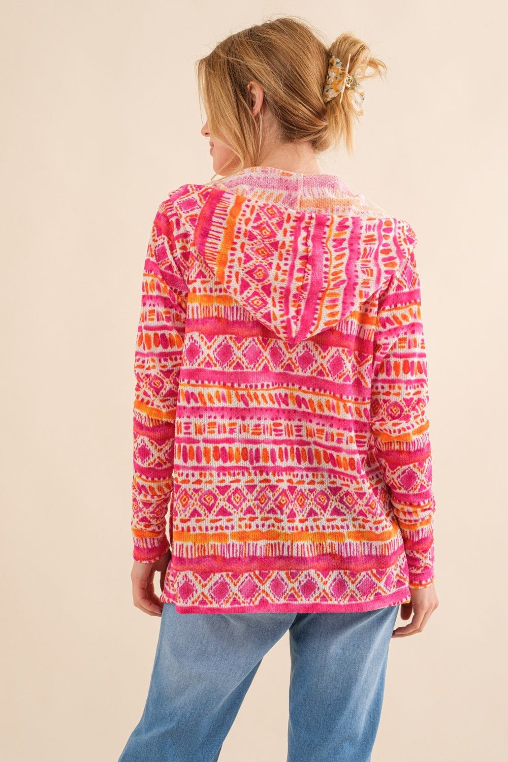 And The Why Full Size Printed Thermal Hooded Open Front Cardigan - Cardigan - Coral Multi - Bella Bourget