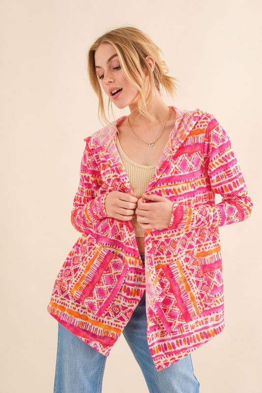 And The Why Full Size Printed Thermal Hooded Open Front Cardigan - Cardigan - Coral Multi - Bella Bourget