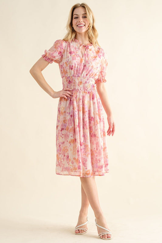 And The Why Full Size Smocked Waist Printed Midi Dress - Full Size Day Dress - Pink Multi - Bella Bourget