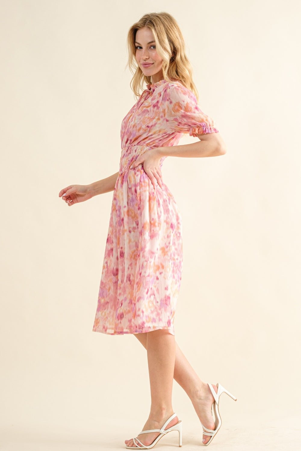 And The Why Full Size Smocked Waist Printed Midi Dress - Full Size Day Dress - Pink Multi - Bella Bourget