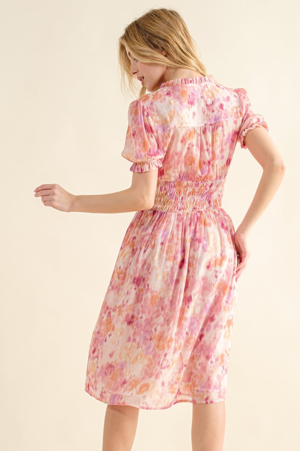 And The Why Full Size Smocked Waist Printed Midi Dress - Full Size Day Dress - Pink Multi - Bella Bourget