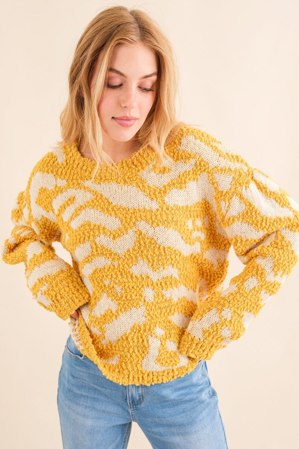 And The Why Full Size Textured Pattern Contrast Sweater - Sweater - Mustard - Bella Bourget