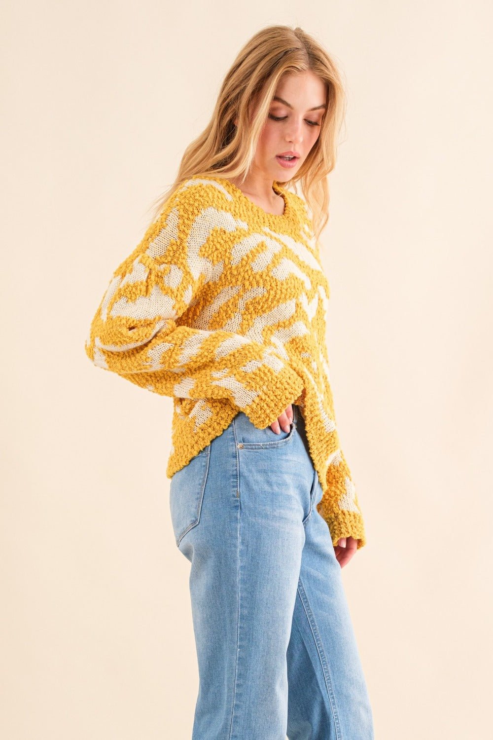 And The Why Full Size Textured Pattern Contrast Sweater - Sweater - Mustard - Bella Bourget