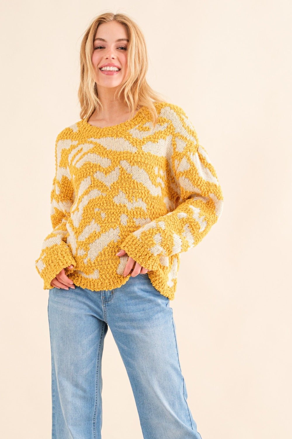 And The Why Full Size Textured Pattern Contrast Sweater - Sweater - Mustard - Bella Bourget