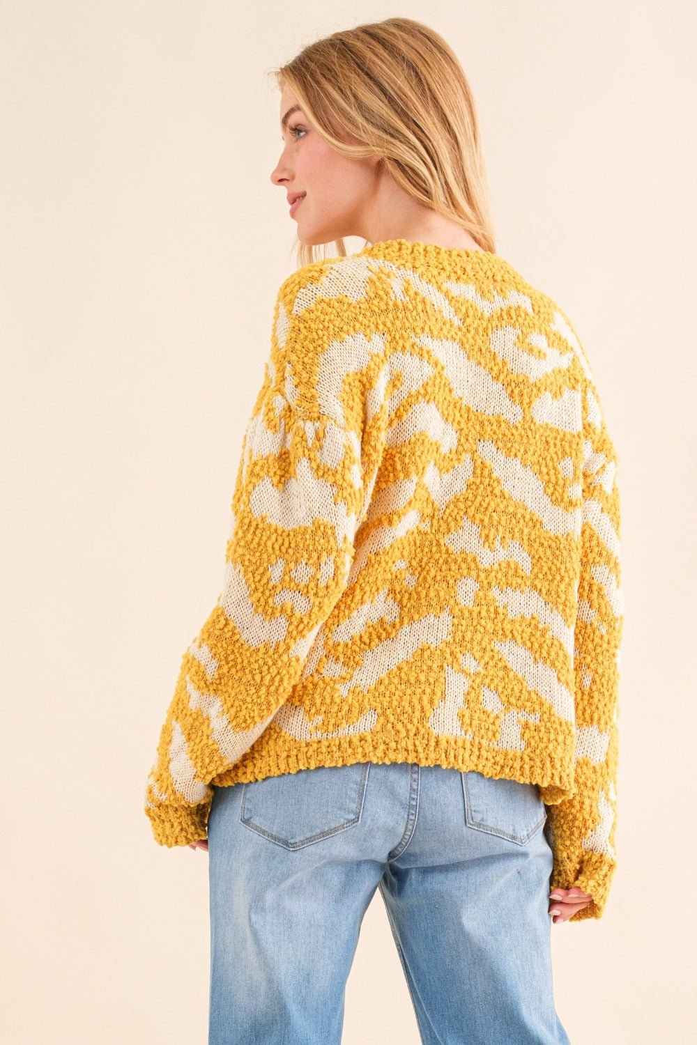 And The Why Full Size Textured Pattern Contrast Sweater - Sweater - Mustard - Bella Bourget