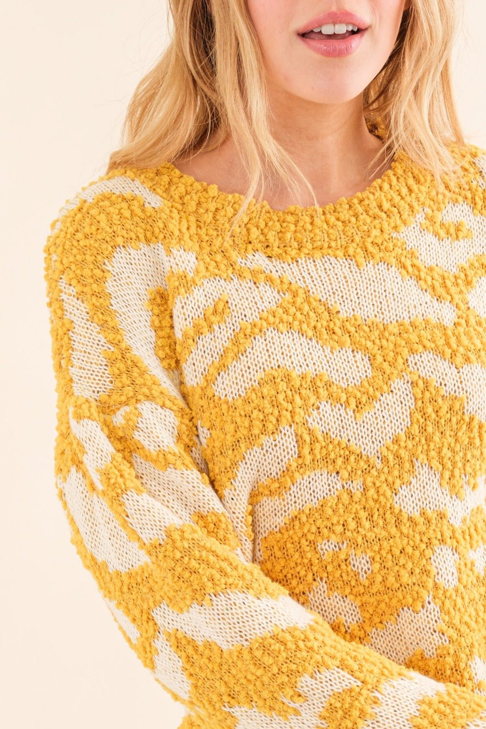 And The Why Full Size Textured Pattern Contrast Sweater - Sweater - Mustard - Bella Bourget