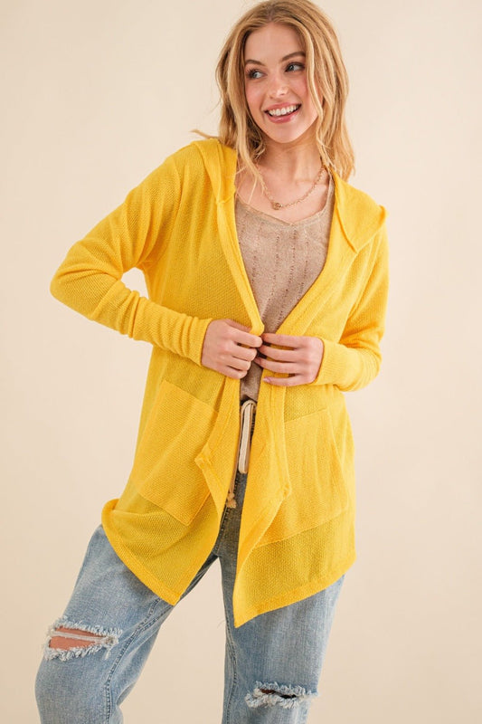 And The Why Full Size Thermal Hooded Open Front Cardigan with Pockets - Cardigan - Vivid Yellow - Bella Bourget