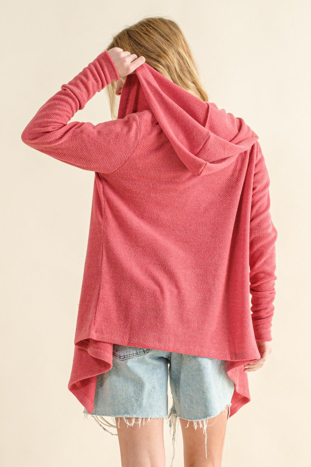 And The Why Full Size Thermal Hooded Open Front Cardigan with Pockets - Cardigan - Rose Pink - Bella Bourget