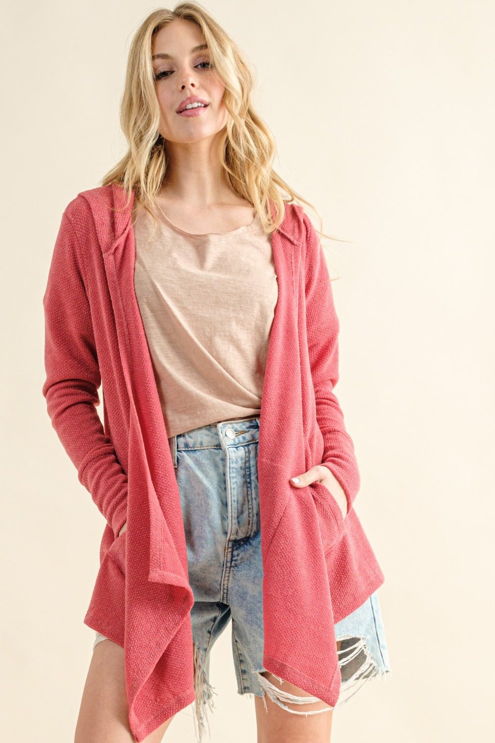 And The Why Full Size Thermal Hooded Open Front Cardigan with Pockets - Cardigan - Rose Pink - Bella Bourget