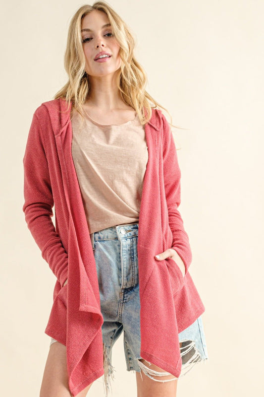 And The Why Full Size Thermal Hooded Open Front Cardigan with Pockets - Cardigan - Rose Pink - Bella Bourget