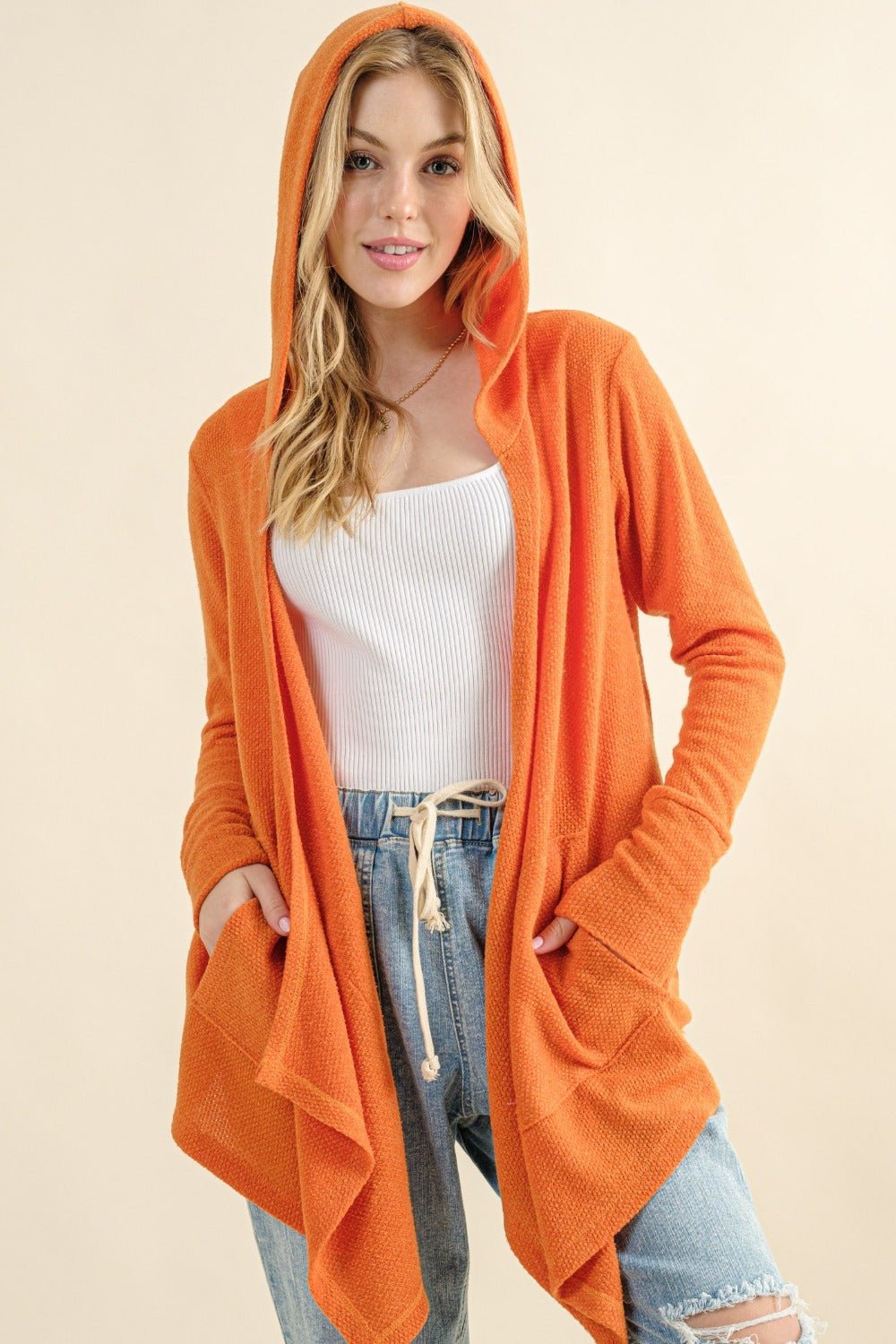 And The Why Full Size Thermal Hooded Open Front Cardigan with Pockets - Cardigan - Dusty Coral - Bella Bourget