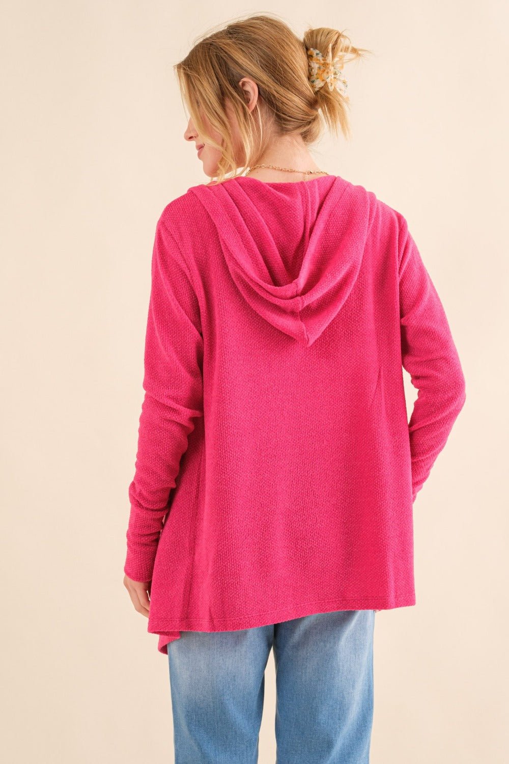 And The Why Full Size Thermal Hooded Open Front Cardigan with Pockets - Cardigan - Fuchsia - Bella Bourget