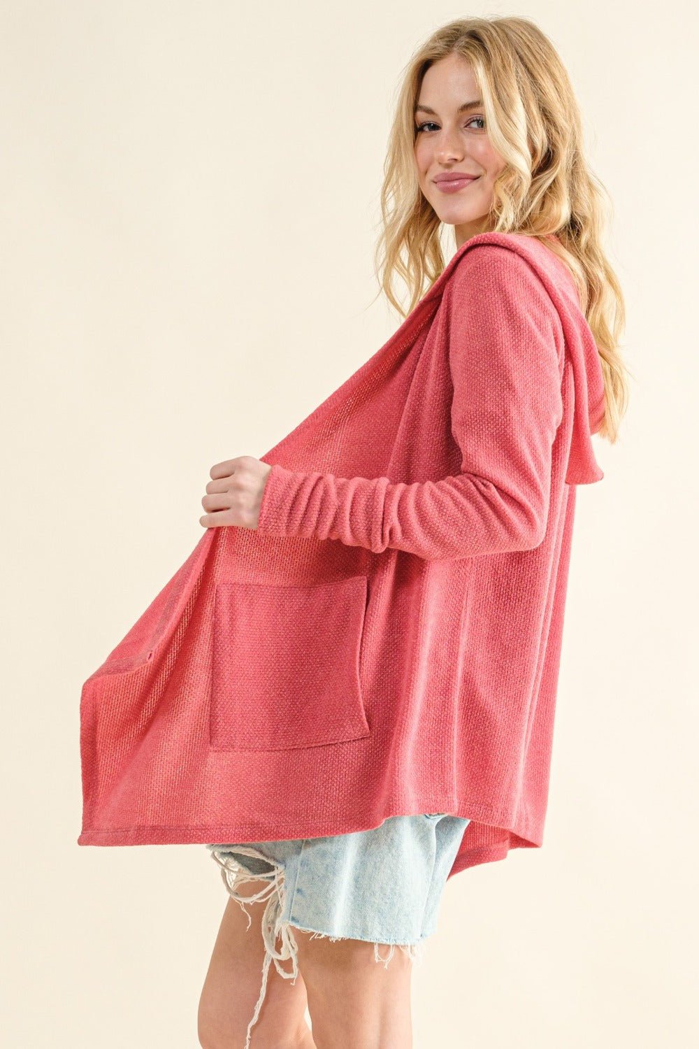 And The Why Full Size Thermal Hooded Open Front Cardigan with Pockets - Cardigan - Rose Pink - Bella Bourget