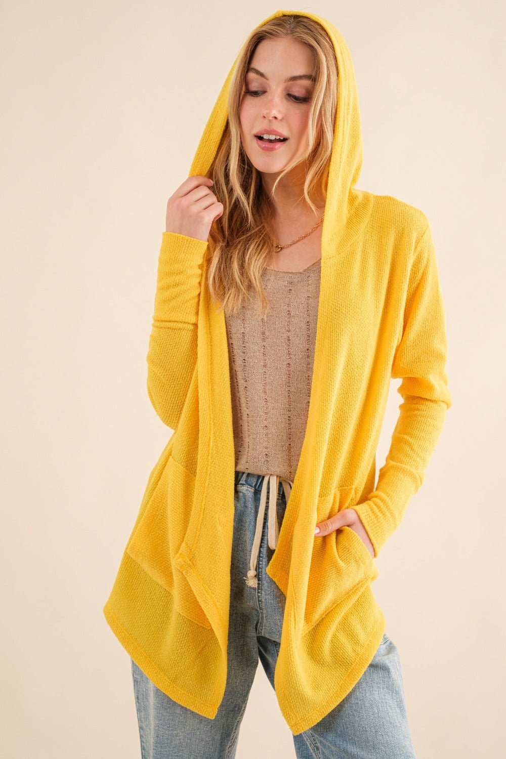 And The Why Full Size Thermal Hooded Open Front Cardigan with Pockets - Cardigan - Vivid Yellow - Bella Bourget