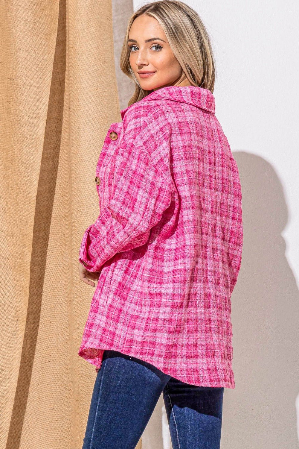 And The Why Full Size Tweed Button Down Long Sleeve Shacket - Shacket - Fuchsia - Bella Bourget