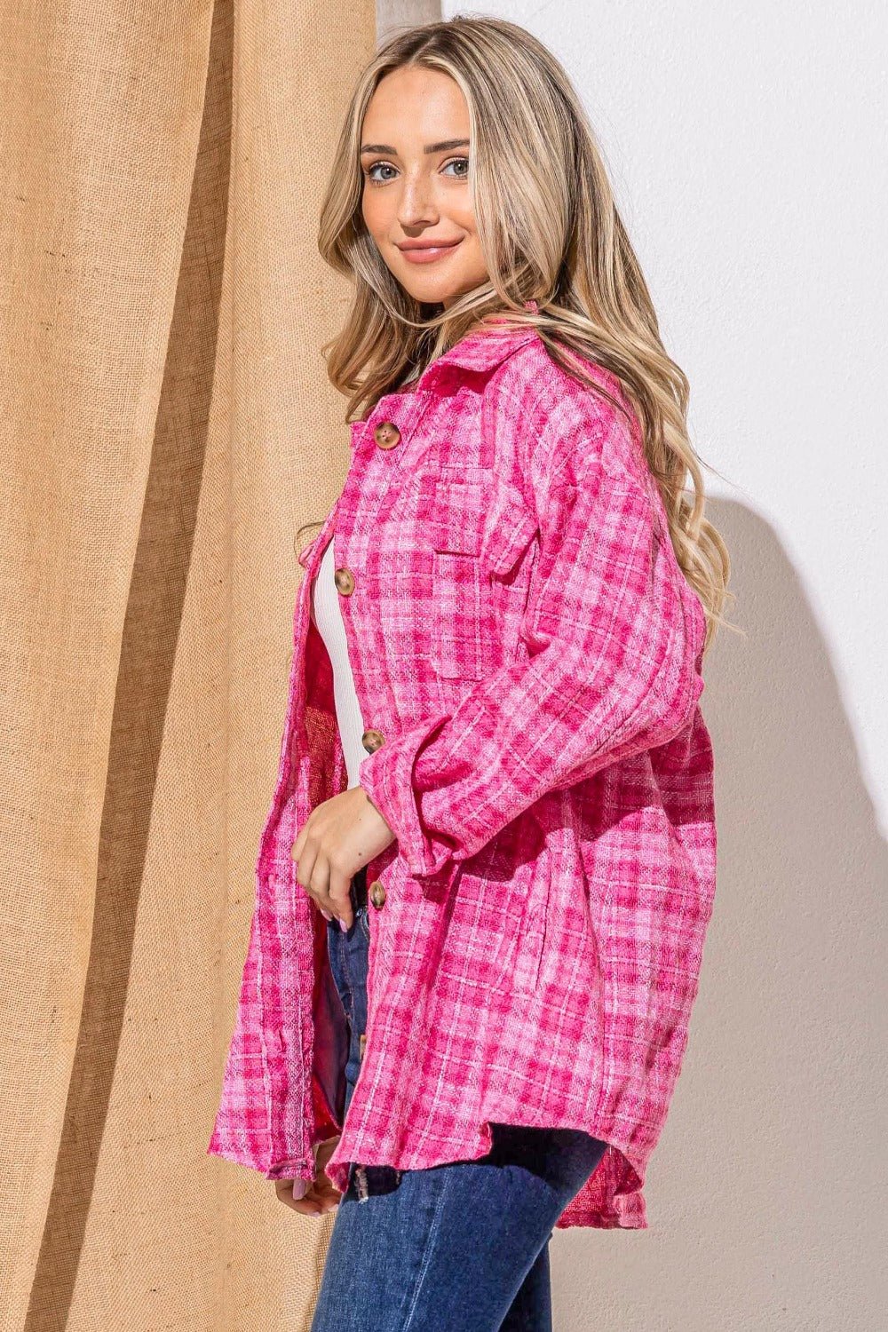 And The Why Full Size Tweed Button Down Long Sleeve Shacket - Shacket - Fuchsia - Bella Bourget