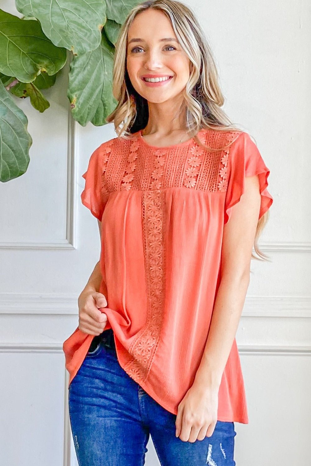 And The Why Lace Detail Ruffle Short Sleeve Blouse - Top - CORAL - Bella Bourget