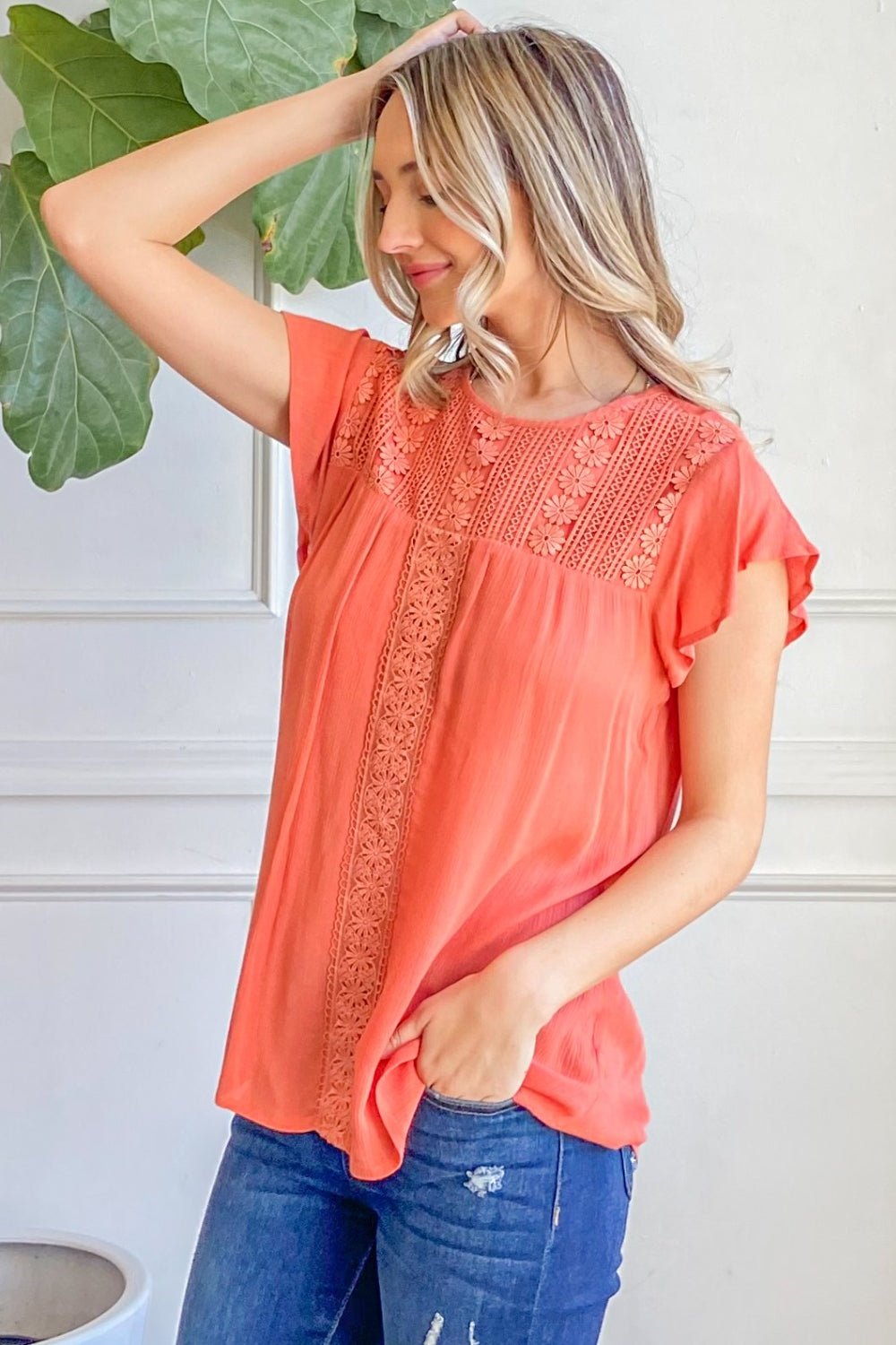 And The Why Lace Detail Ruffle Short Sleeve Blouse - Top - CORAL - Bella Bourget