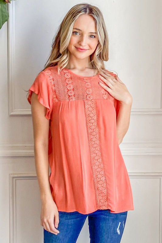 And The Why Lace Detail Ruffle Short Sleeve Blouse - Top - CORAL - Bella Bourget