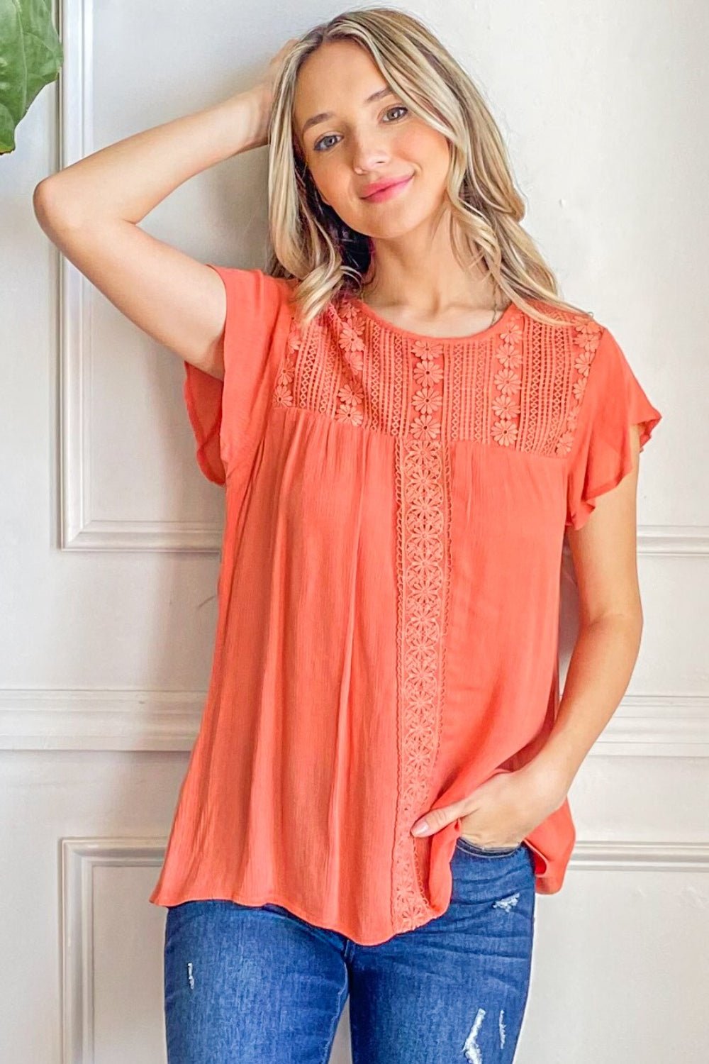 And The Why Lace Detail Ruffle Short Sleeve Blouse - Top - CORAL - Bella Bourget