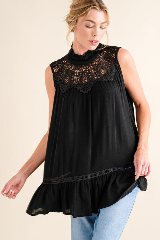 And The Why Lace Detail Sleeveless Ruffled Top - Top - Black - Bella Bourget