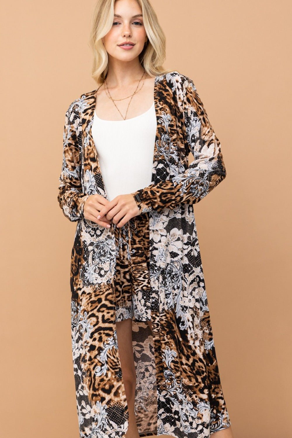 And The Why Leopard Kimono Open Front Longline Cardigan - Cardigan - Leopard - Bella Bourget