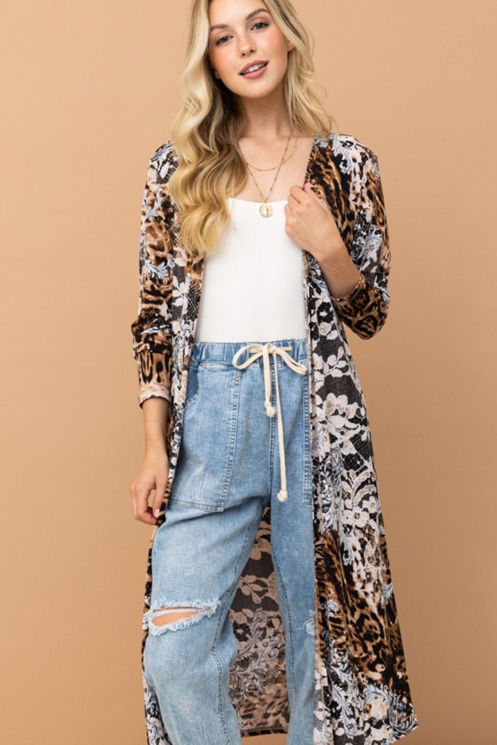 And The Why Leopard Kimono Open Front Longline Cardigan - Cardigan - Leopard - Bella Bourget