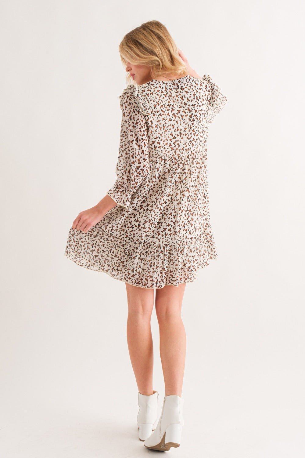 And The Why Leopard Ruffle Hem Woven Mini Dress - dress - Ivory - Bella Bourget