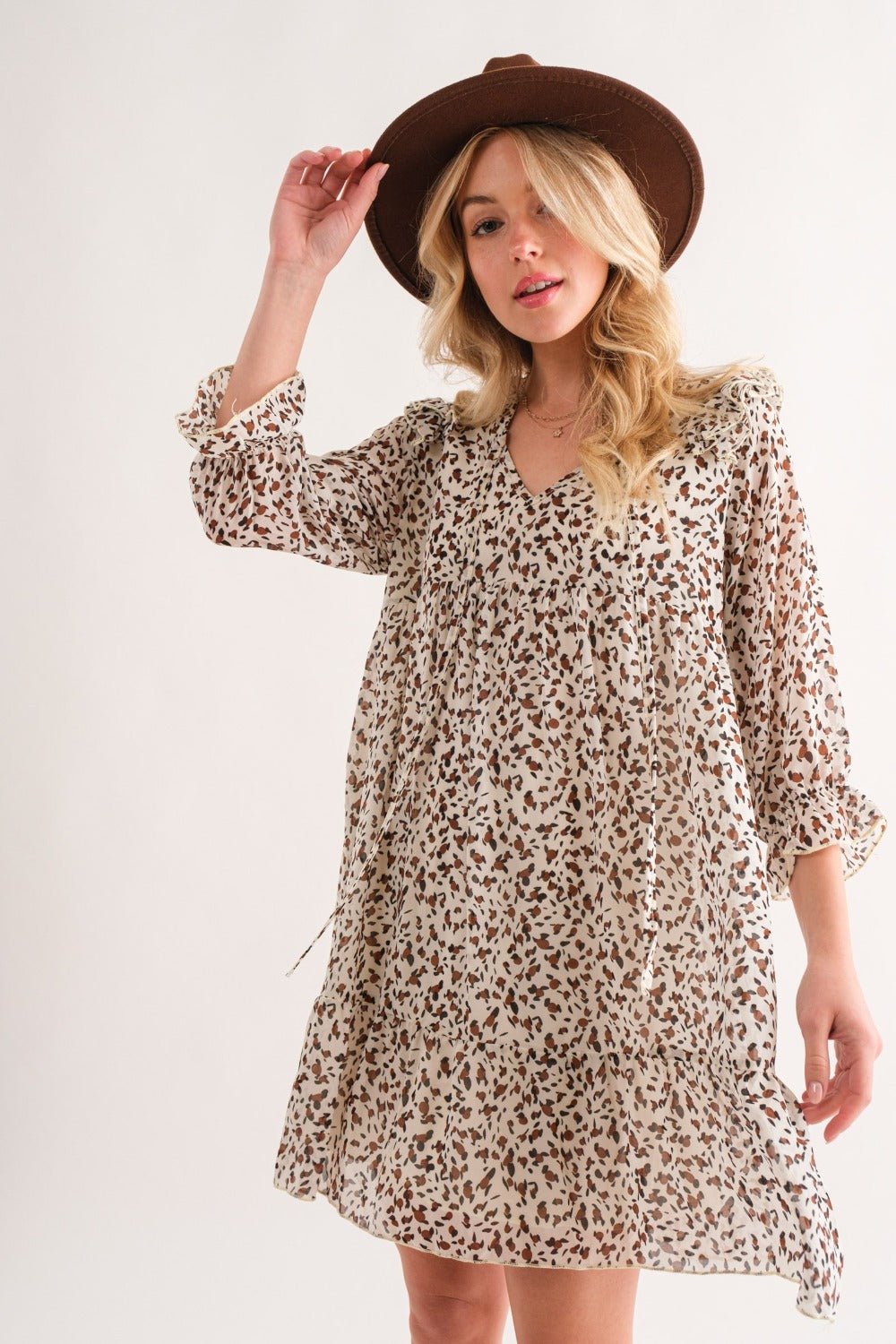 And The Why Leopard Ruffle Hem Woven Mini Dress - dress - Ivory - Bella Bourget