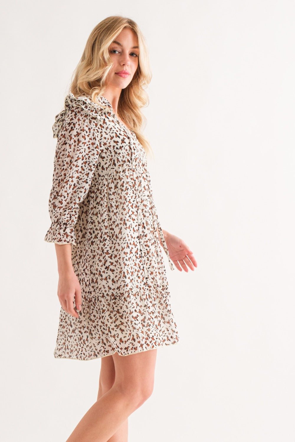 And The Why Leopard Ruffle Hem Woven Mini Dress - dress - Ivory - Bella Bourget