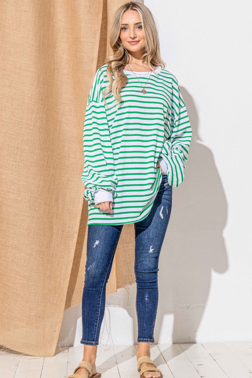 And The Why Oversized Striped Balloon Sleeve Top - Top - GREEN - Bella Bourget