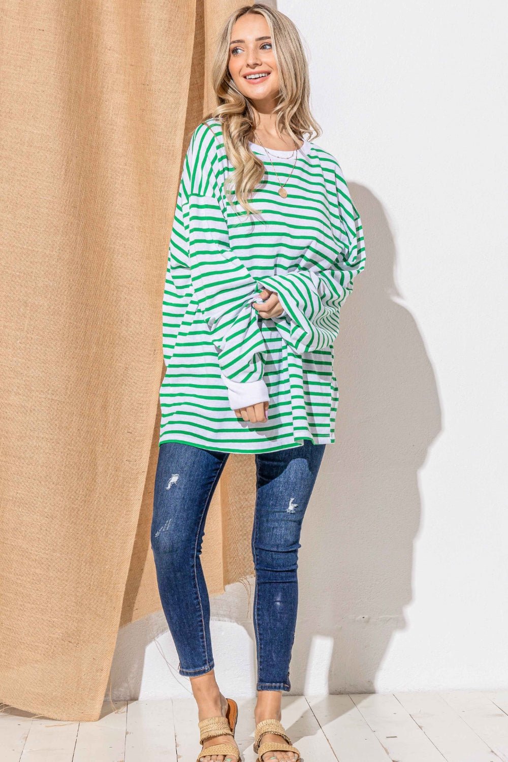 And The Why Oversized Striped Balloon Sleeve Top - Top - GREEN - Bella Bourget