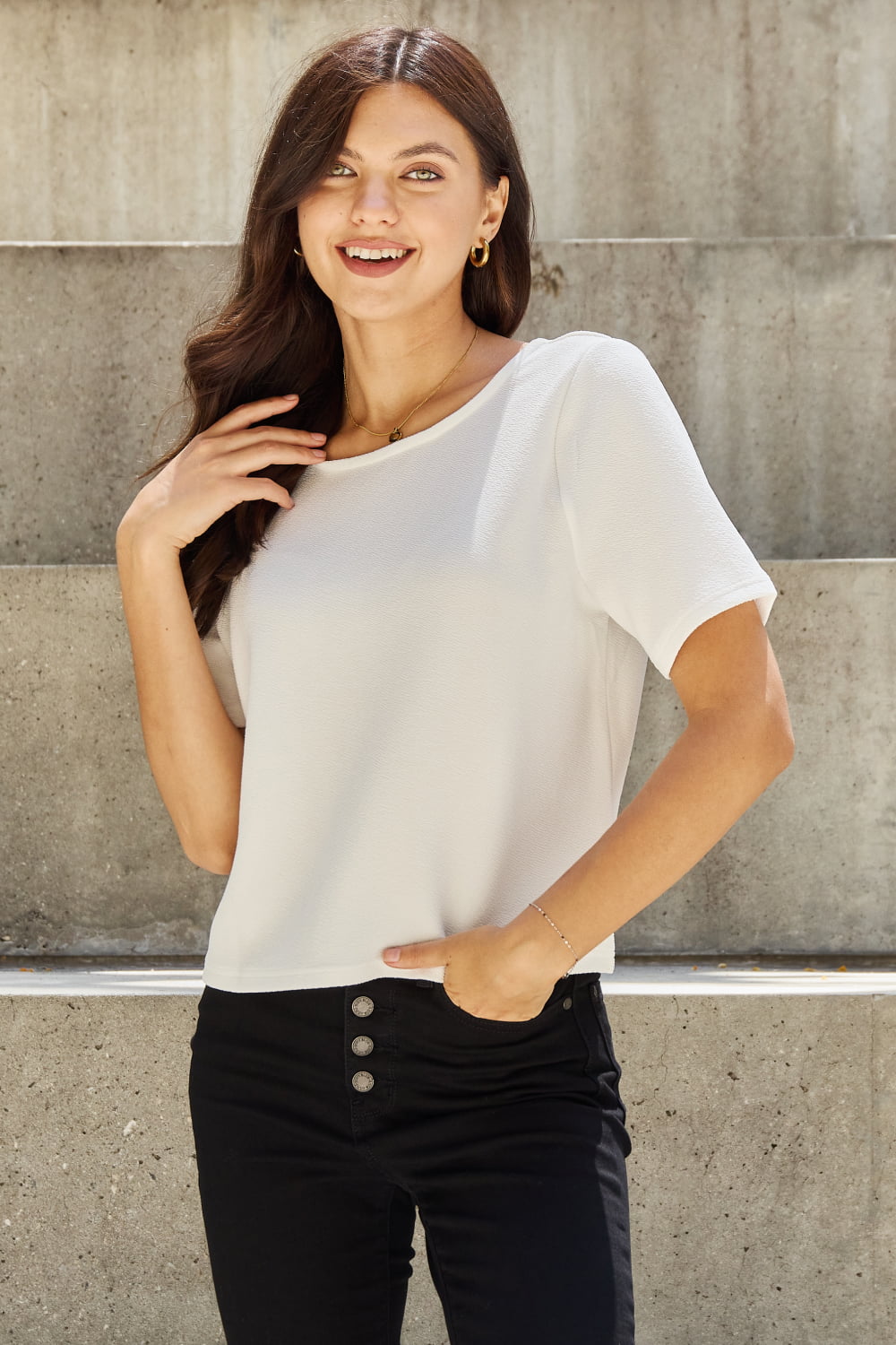 And The Why Pearly White Full Size Criss Cross Pearl Detail Open Back T - Shirt - blouse - Off White - Bella Bourget