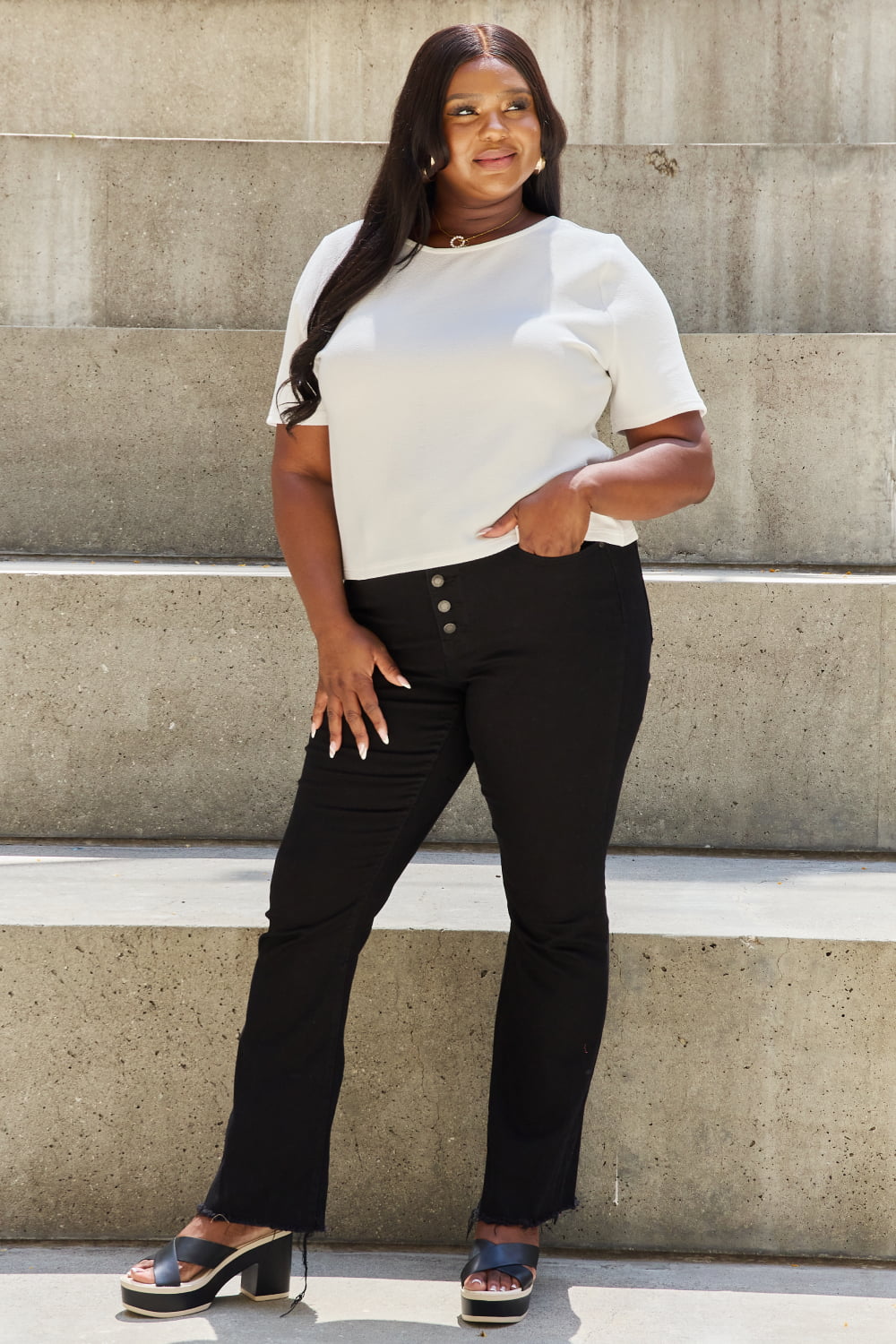 And The Why Pearly White Full Size Criss Cross Pearl Detail Open Back T - Shirt - blouse - Off White - Bella Bourget