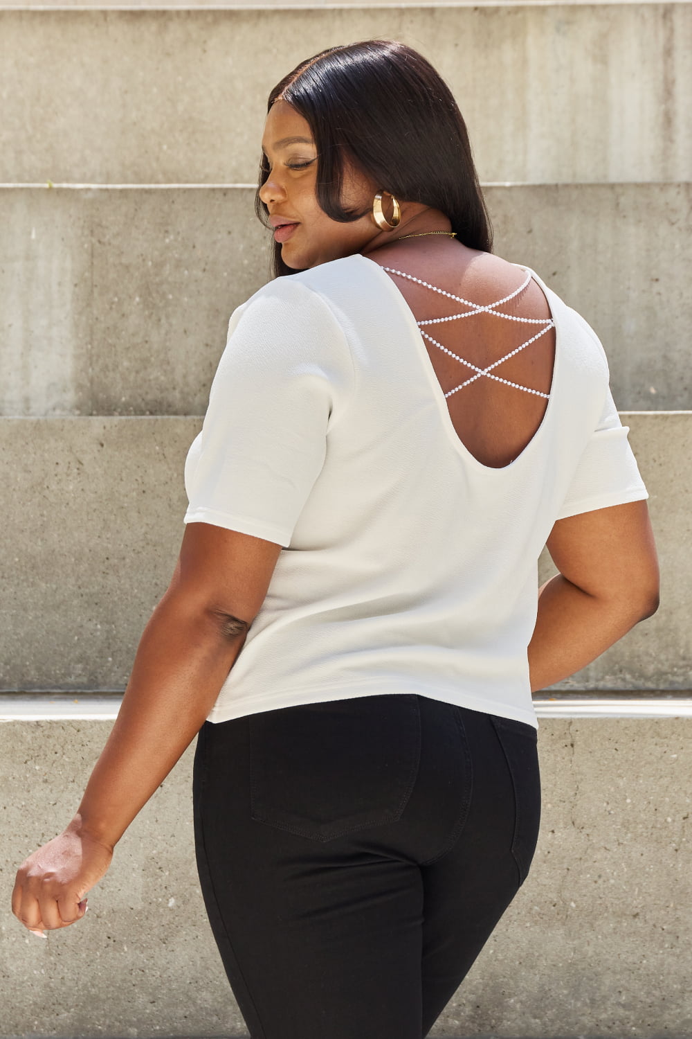 And The Why Pearly White Full Size Criss Cross Pearl Detail Open Back T - Shirt - blouse - Off White - Bella Bourget