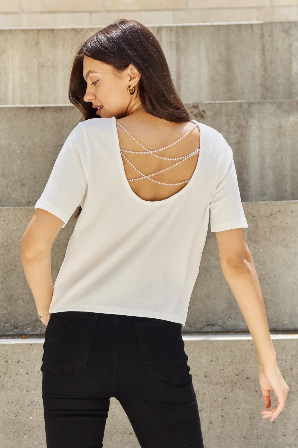 And The Why Pearly White Full Size Criss Cross Pearl Detail Open Back T - Shirt - blouse - Off White - Bella Bourget