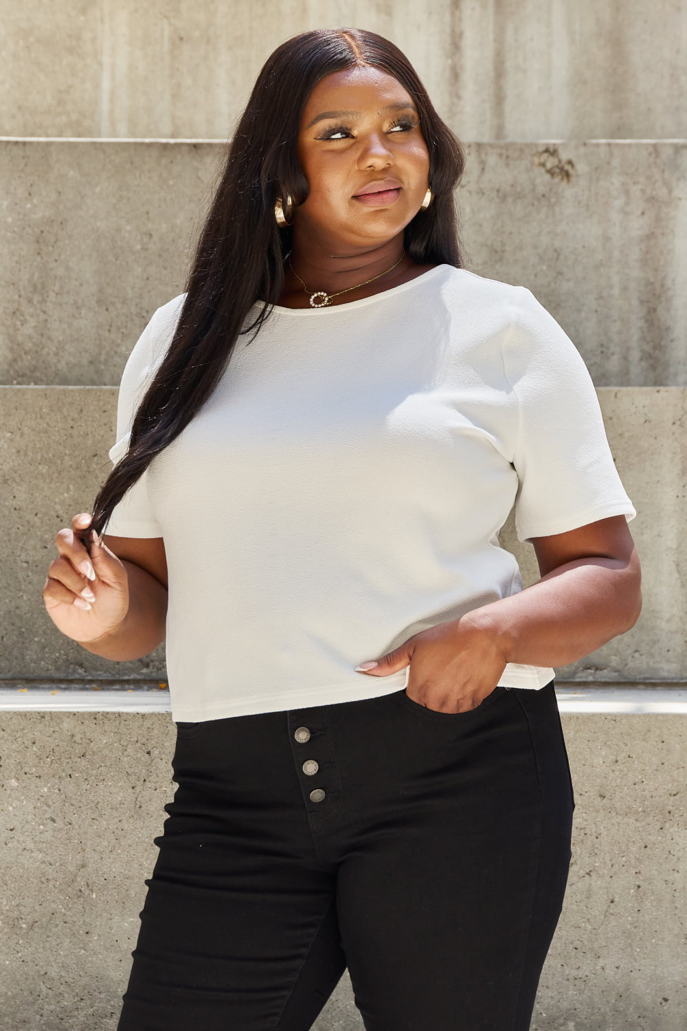 And The Why Pearly White Full Size Criss Cross Pearl Detail Open Back T - Shirt - blouse - Off White - Bella Bourget