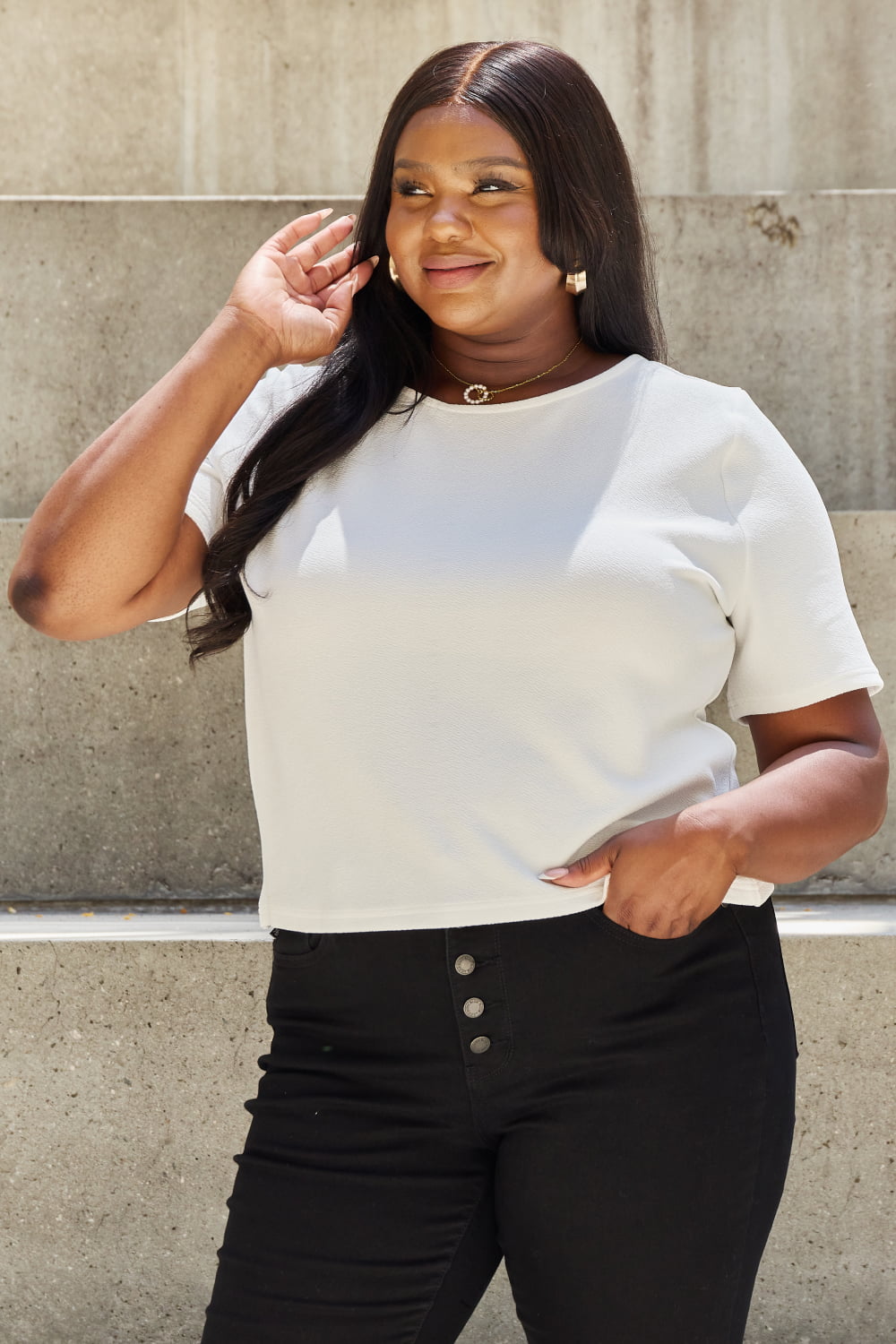 And The Why Pearly White Full Size Criss Cross Pearl Detail Open Back T - Shirt - blouse - Off White - Bella Bourget