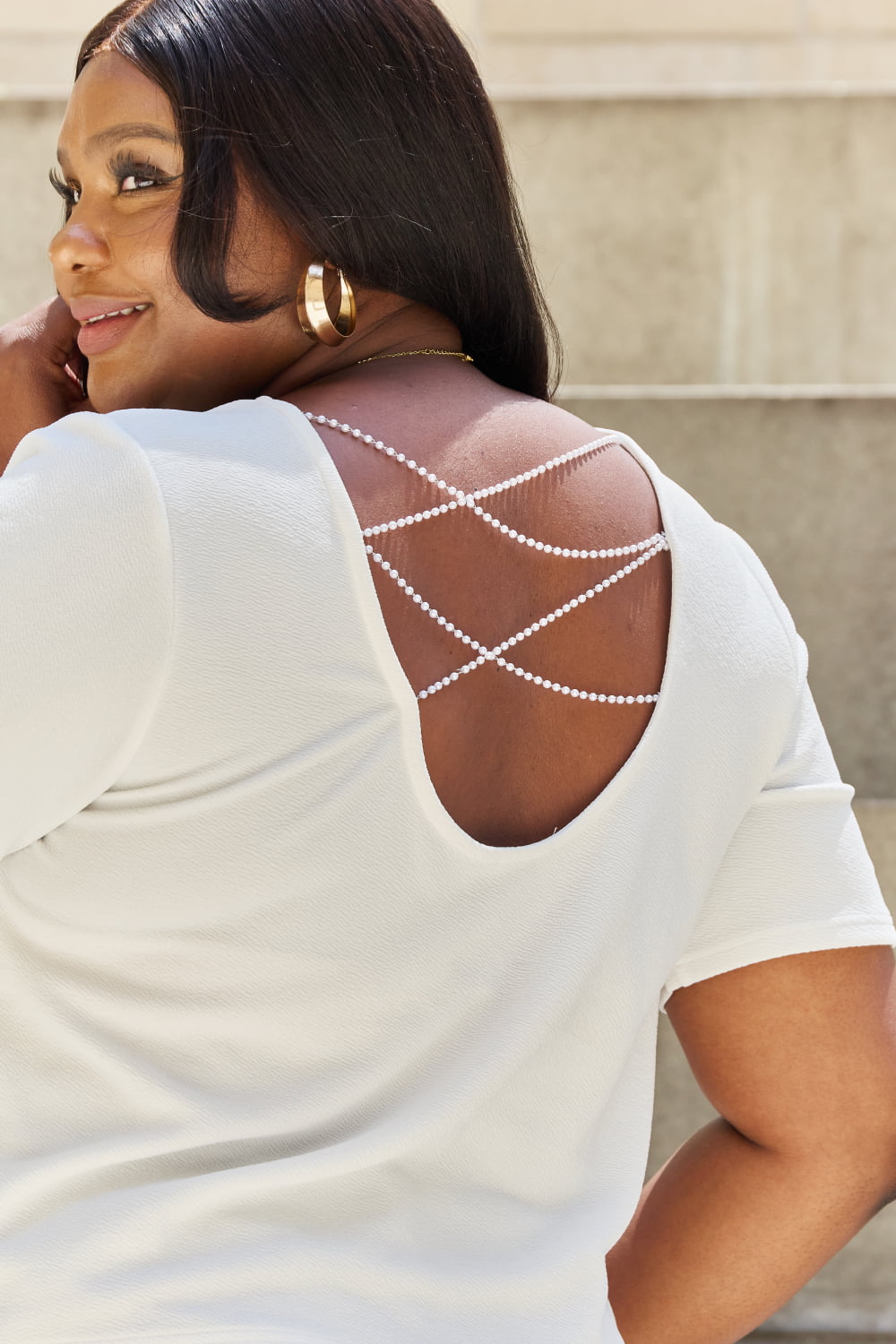 And The Why Pearly White Full Size Criss Cross Pearl Detail Open Back T - Shirt - blouse - Off White - Bella Bourget