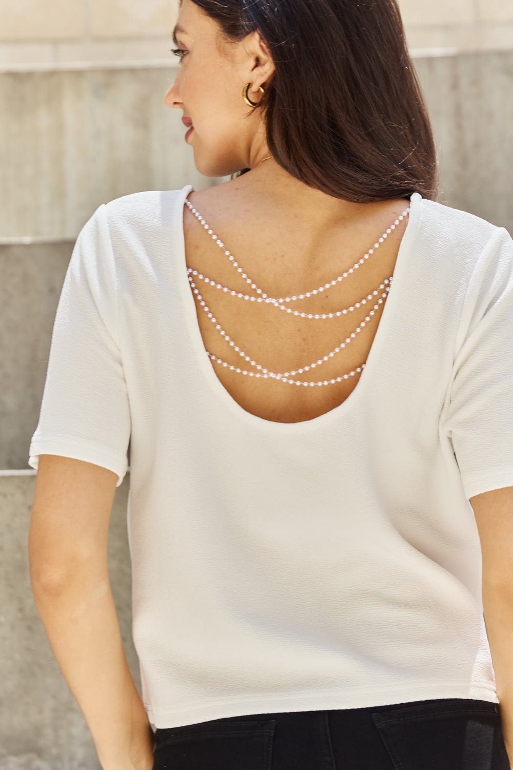 And The Why Pearly White Full Size Criss Cross Pearl Detail Open Back T - Shirt - blouse - Off White - Bella Bourget