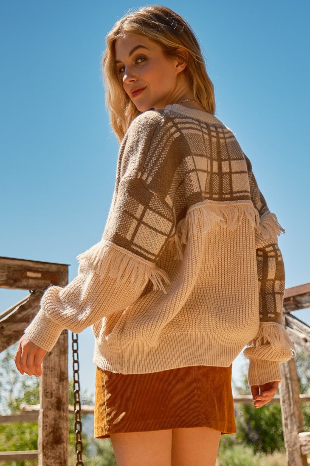 And The Why Plaid Pattern Color Block Fringe Sweater - Sweater - SAND - Bella Bourget