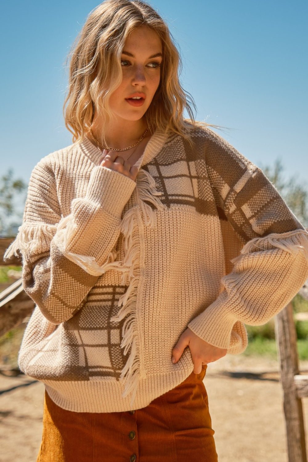 And The Why Plaid Pattern Color Block Fringe Sweater - Sweater - SAND - Bella Bourget