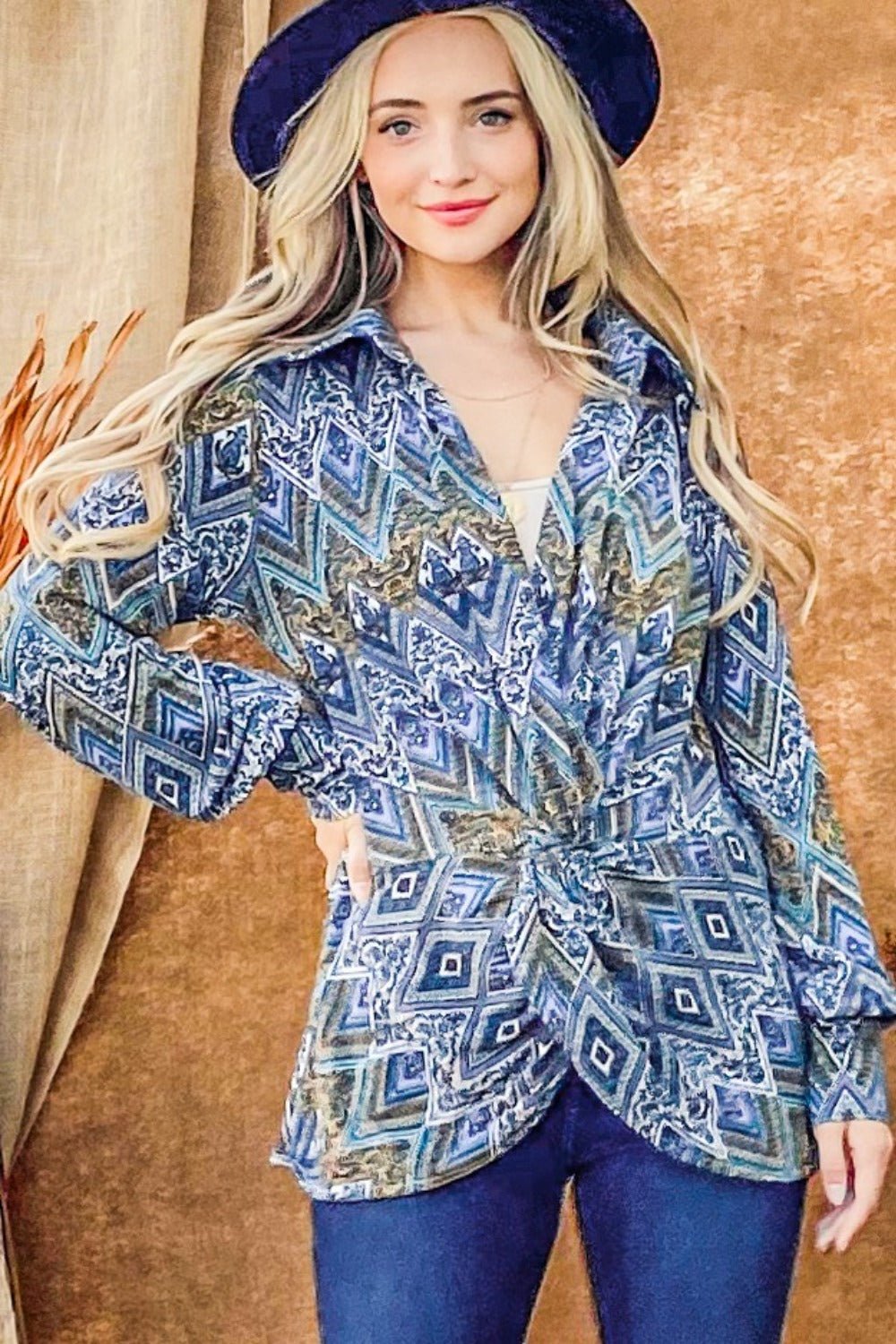 And The Why Print Twist Knot Long Sleeve Blouse - Blouse - French Blue - Bella Bourget