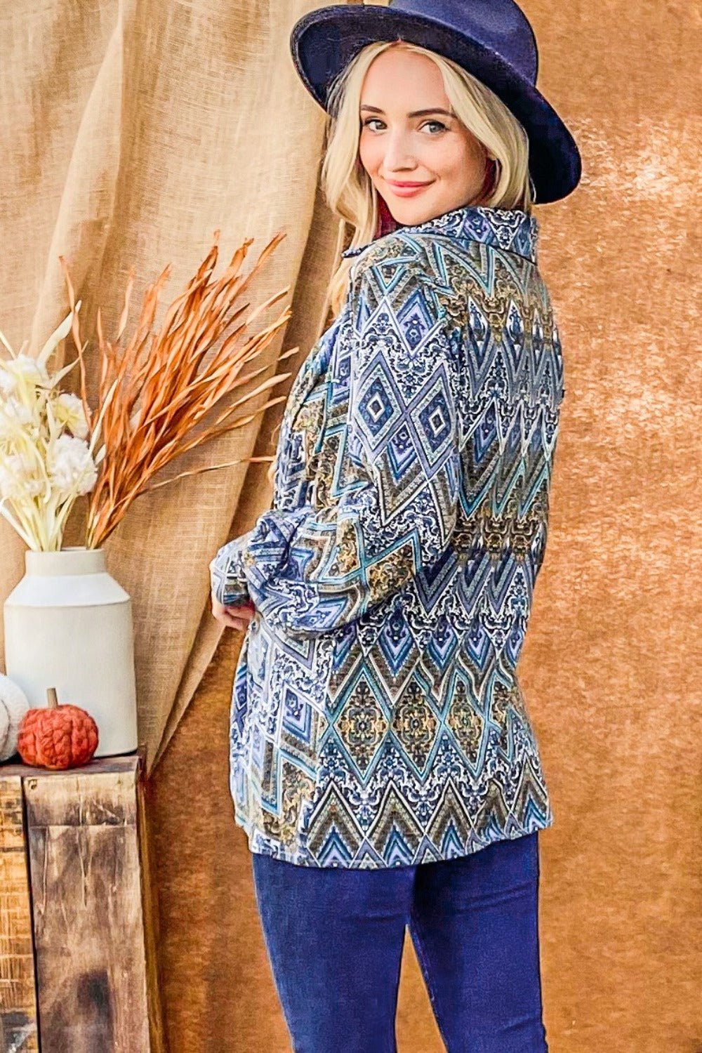 And The Why Print Twist Knot Long Sleeve Blouse - Blouse - French Blue - Bella Bourget