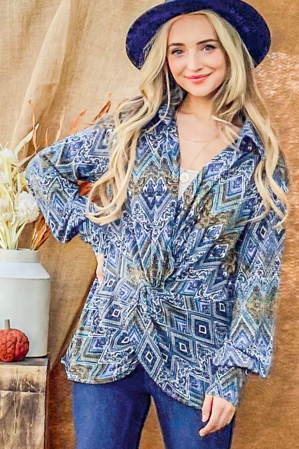 And The Why Print Twist Knot Long Sleeve Blouse - Blouse - French Blue - Bella Bourget